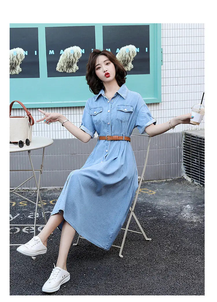 Vintage A-Line Denim Dress for Women with Belt - Image 21