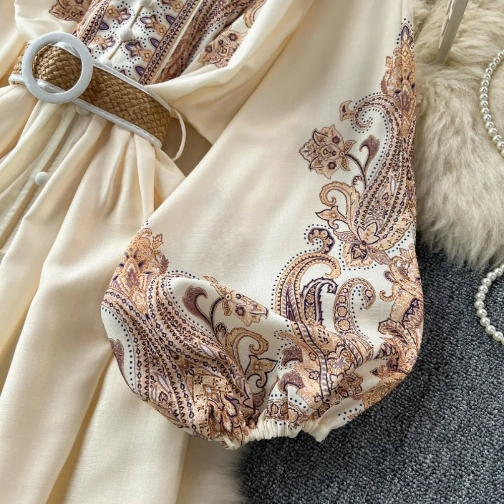 Elegant V-Neck Lantern Sleeve Vintage Dress with Belt - Image 13