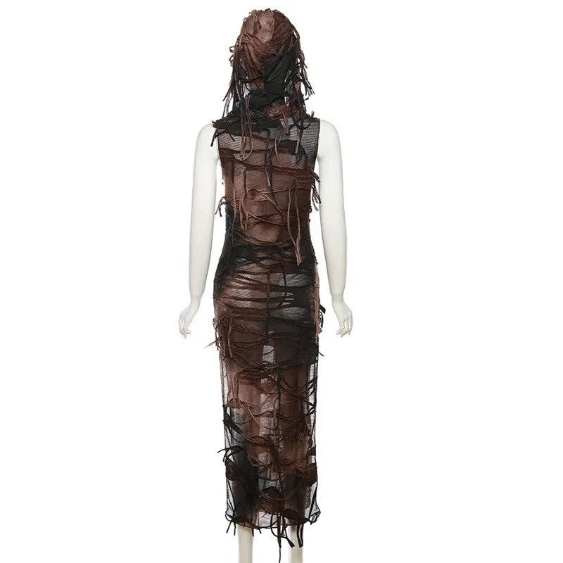 Vintage Gothic Hooded Midi Dress with High Split - Image 16