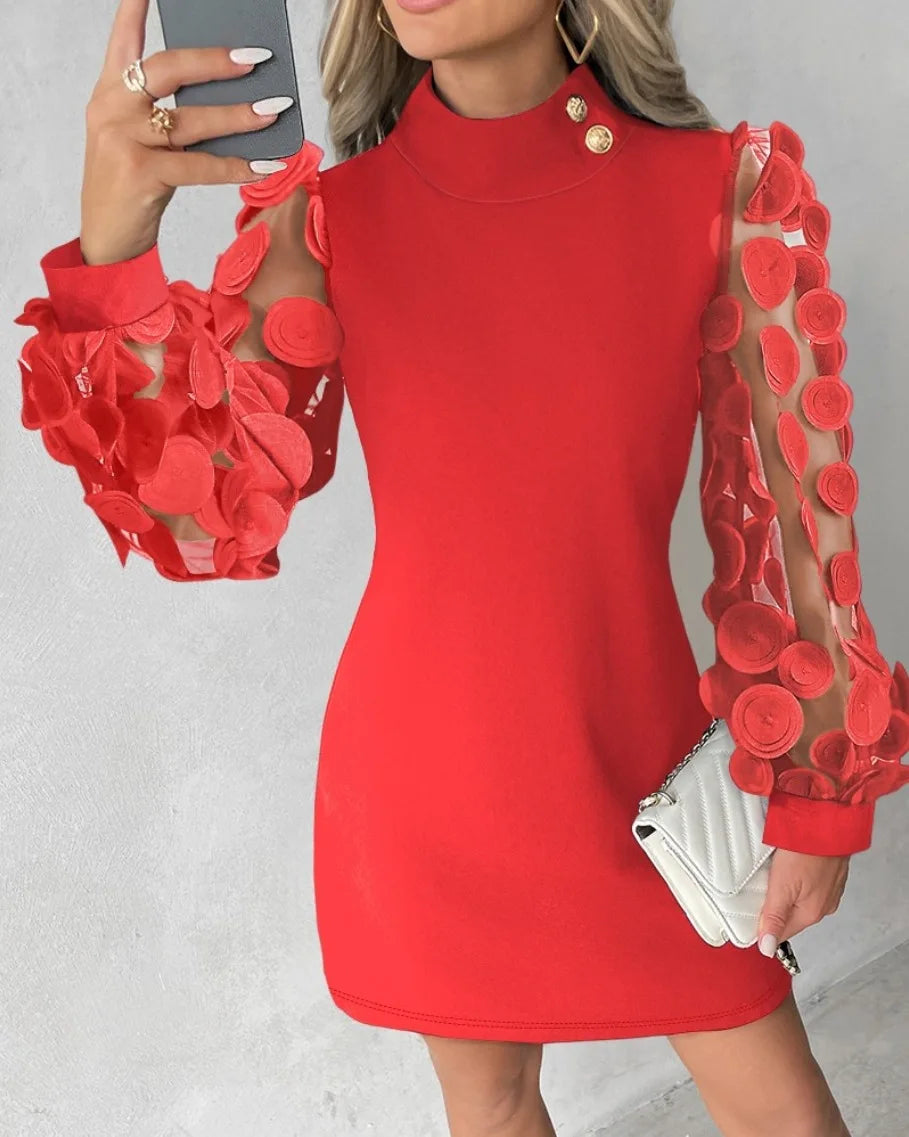 Lace Long Sleeve Round Neck Casual Office Dress - Image 28