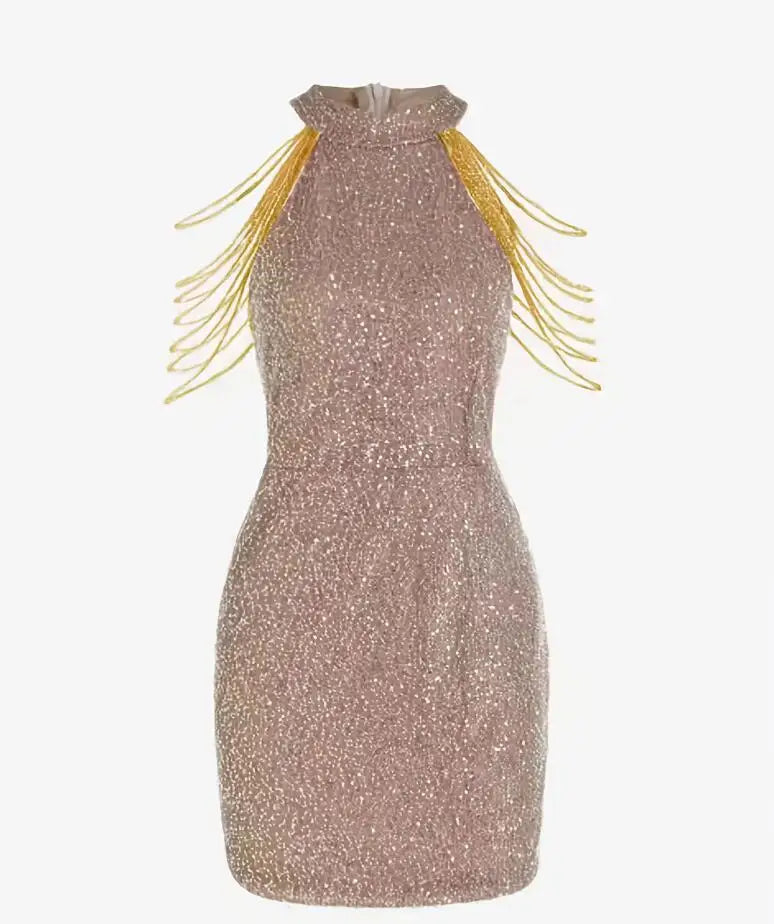 Elegant Sleeveless Sequin Dress with Chic Chain Neckline - Image 6