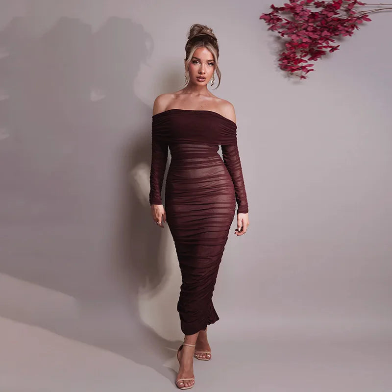 Off-Shoulder Long Sleeve Maxi Dress for Women - Sexy Bodycon - Image 15