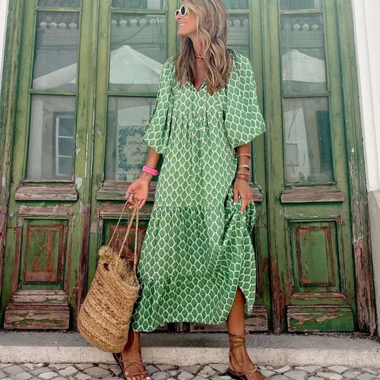Boho Floral Maxi Dress with Puff Sleeves for Women - Image 11