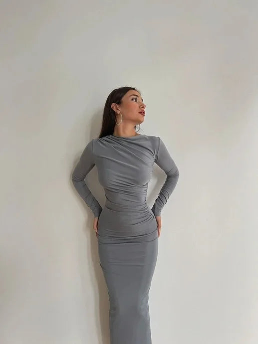 Elegant Slim Fit Slash Neck Long Sleeve Dress - Image 25