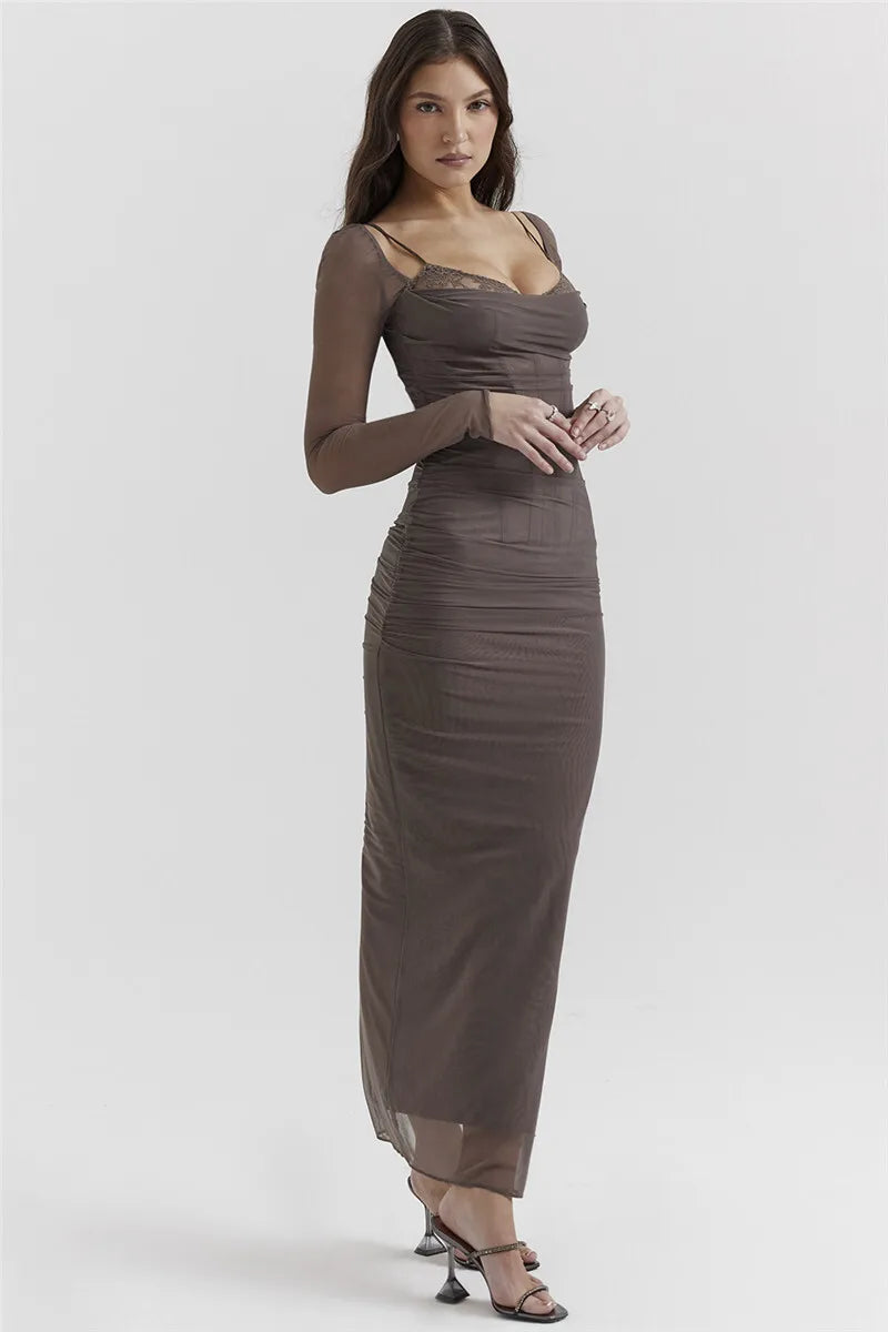 Elegant Sheer Long Sleeve Backless Maxi Dress for Women - Image 29