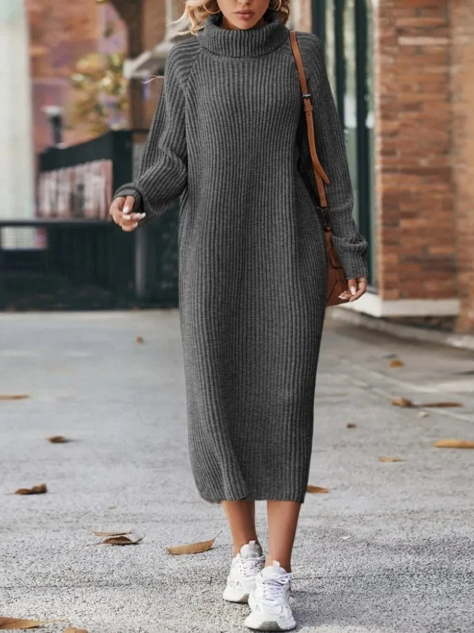 Women's Solid Color High Collar Long Knit Sweater Dress - Image 14