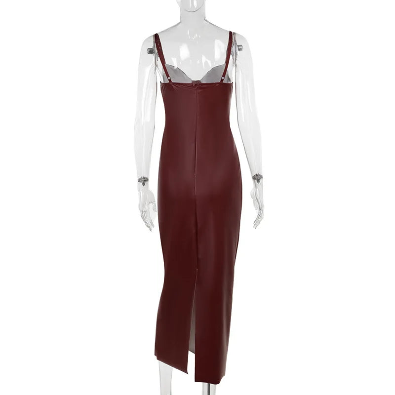 Stylish Solid Color PU Leather Splicing Bodycon Dress - Image 10