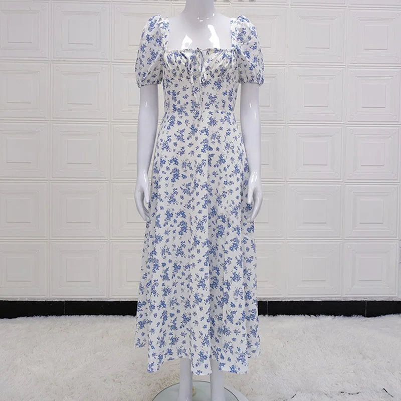 Elegant Y2K Blue Floral Puff Sleeve Dress for Summer Parties - Image 5