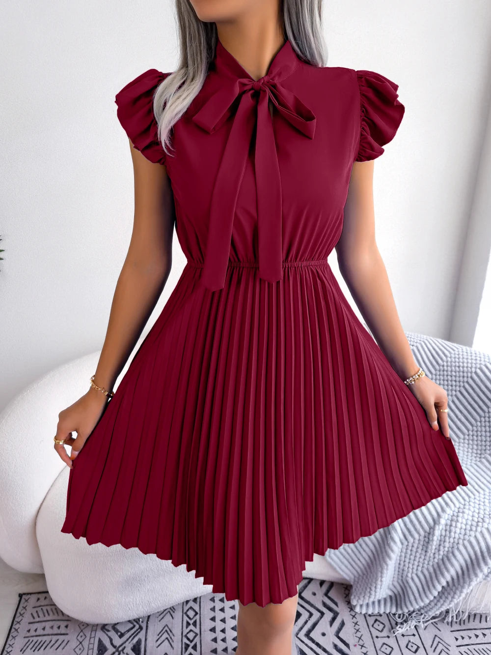 Elegant Summer Pleated Dress with Bow and Ruffles for Women - Image 3