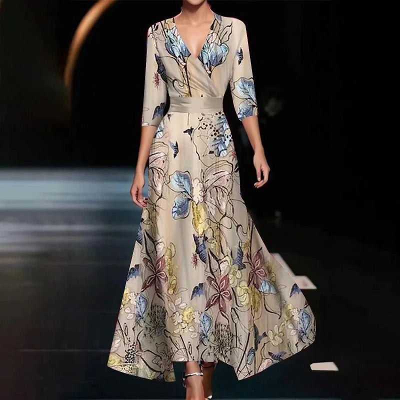 Floral Print Deep V Neck Boho A-Line Dress - Image 8