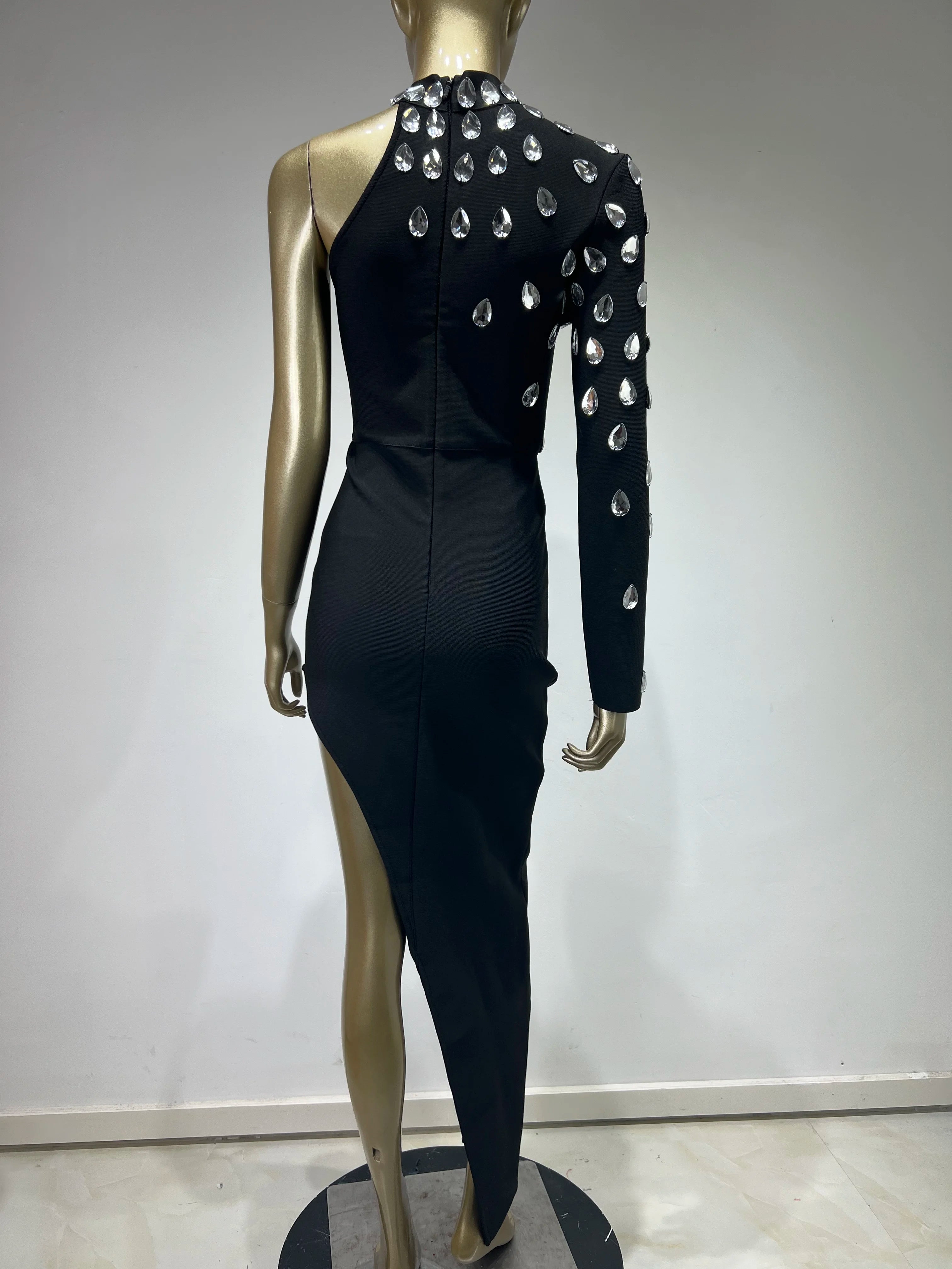 Elegant Rhinestone Black Maxi Bodycon Dress for Women - Image 15