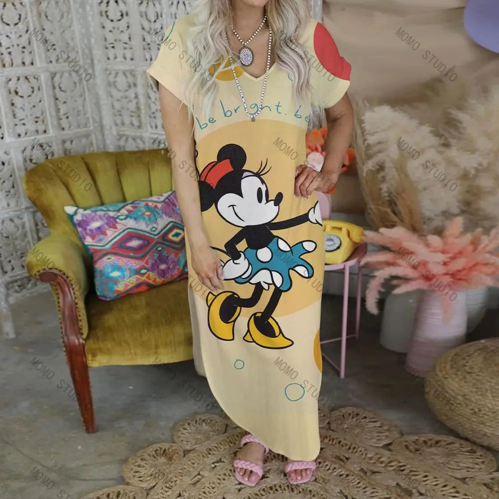 Chic Women's V-Neck Maxi Dress with Cartoon Print - Image 31