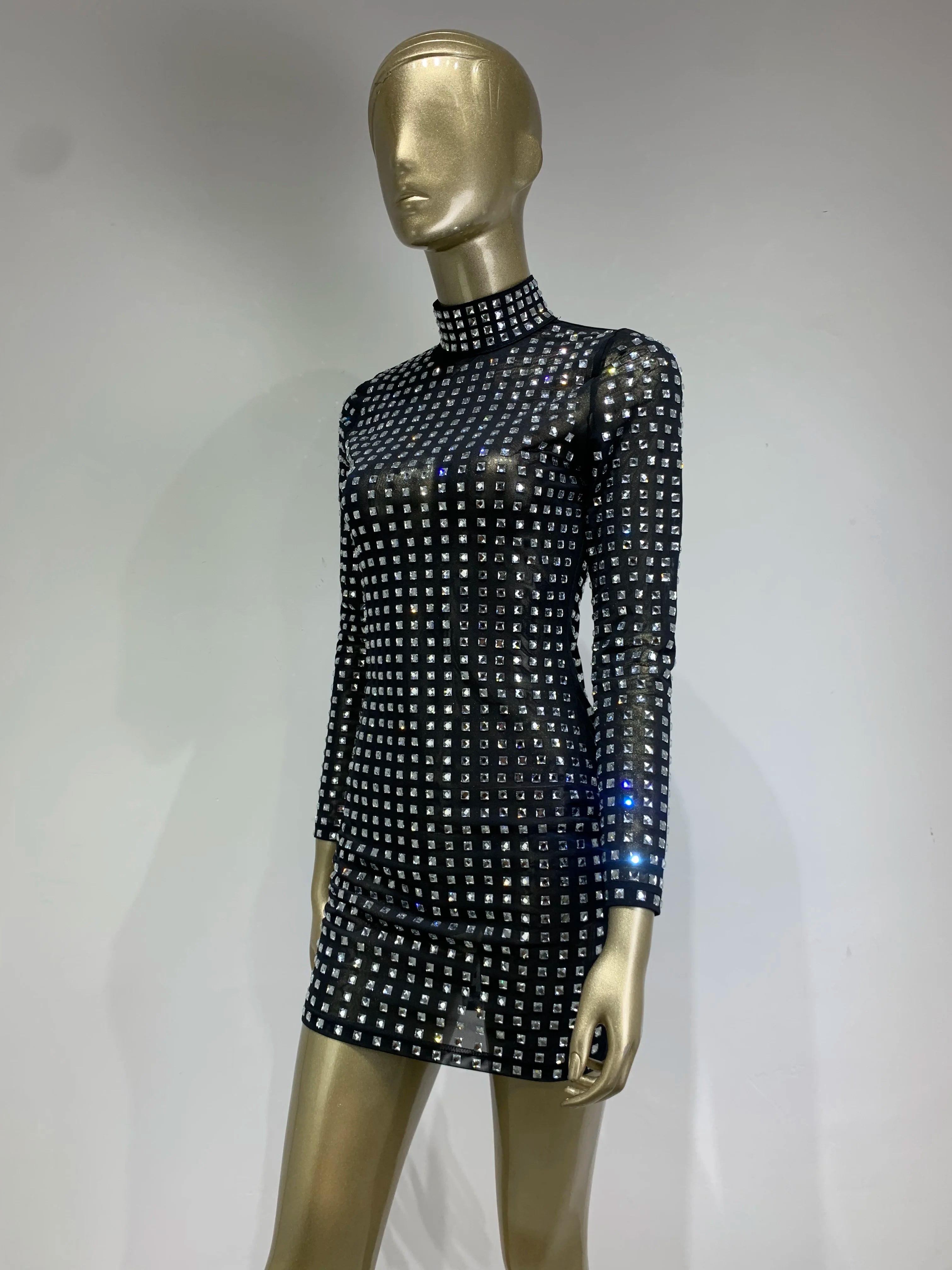 Women’s High Stretch Bodycon Mesh Turtleneck Mini Dress - Image 9