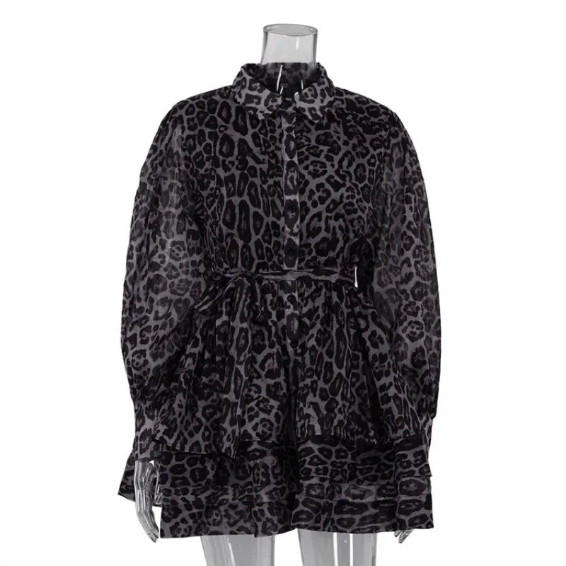 Chiffon Leopard Print Long-Sleeved Fluffy Dress for Women - Image 6