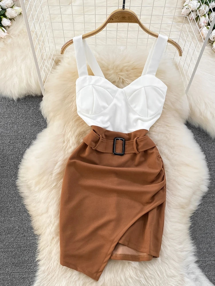 Women's Summer Spaghetti Strap Contrast Color Mini Dress