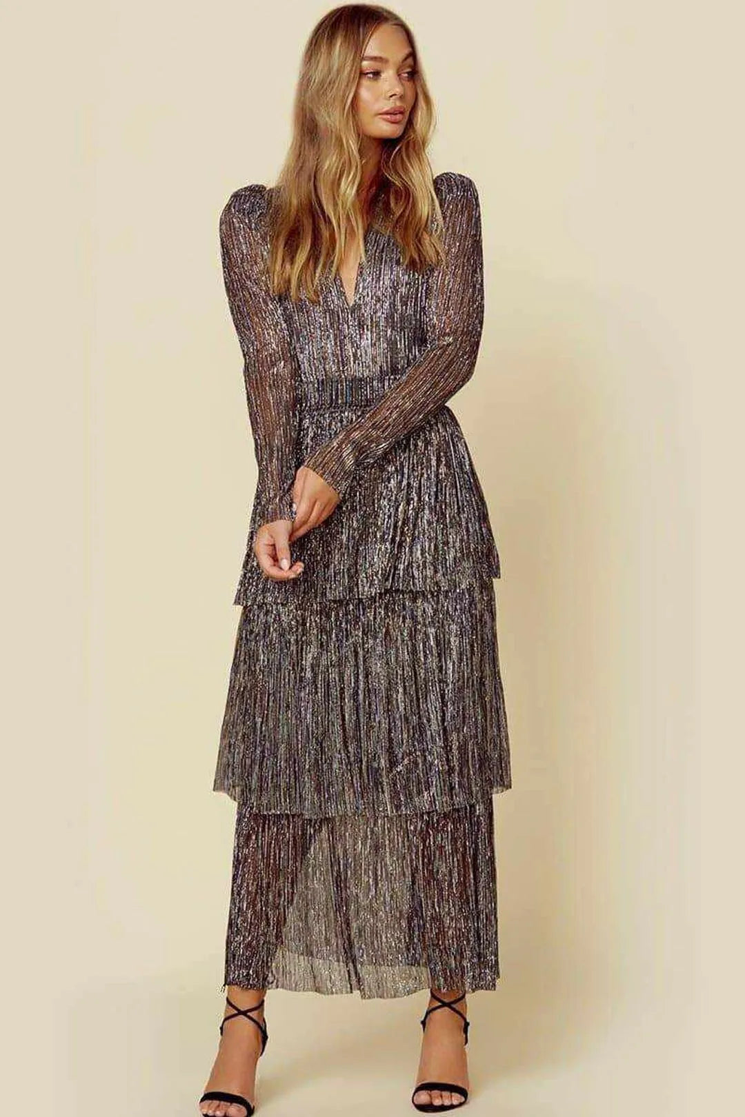 Elegant High Waist Pleated V-Neck Puff Sleeve Dress - Image 8