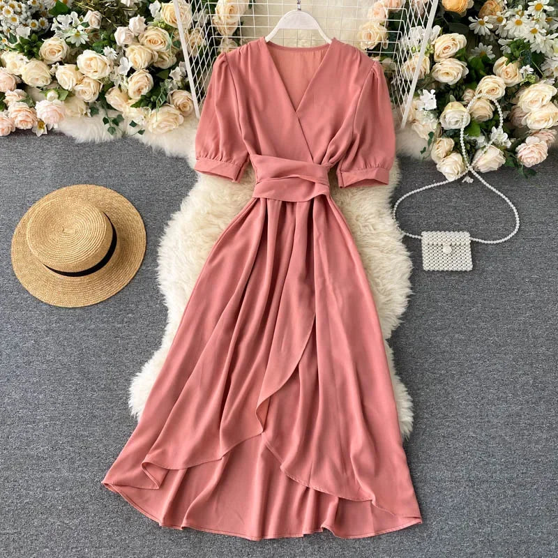V-neck Solid Color Bubble Dress with Ruffle Edges - Image 10