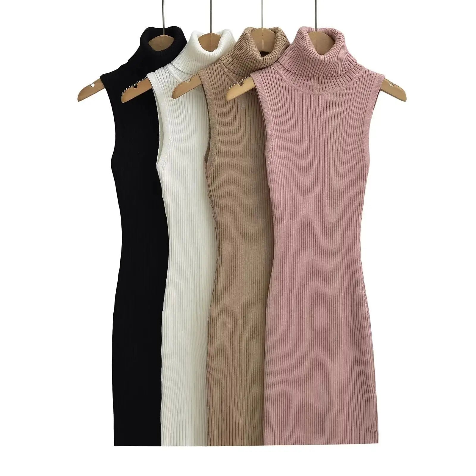 Summer Sleeveless Turtleneck Knitted Mini Dress for Women