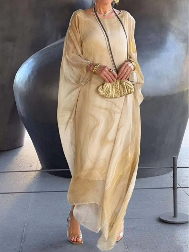 Elegant Marble-Print Chiffon Long Dress for Women - Image 7