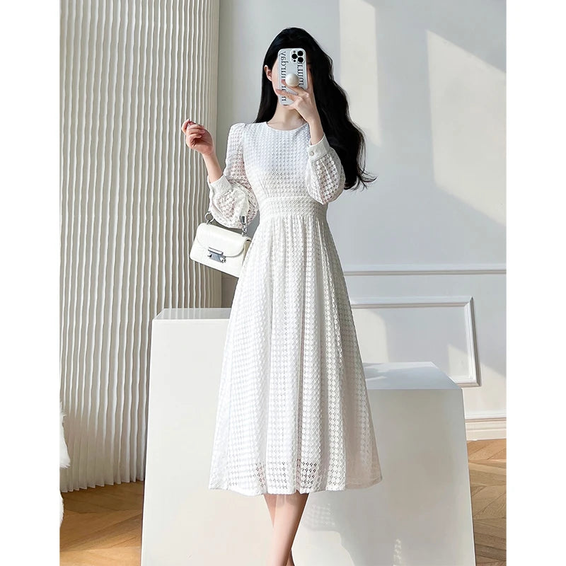 Elegant White Midi Dress with Lace Long Sleeves