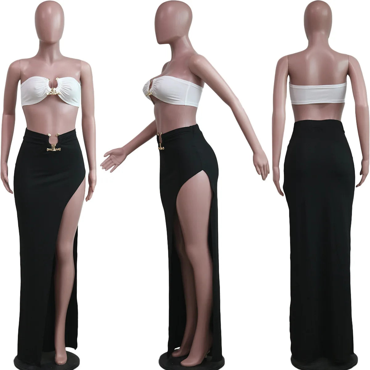 Elegant Strapless Hollow Out White High Slit Dress for Women - Image 9