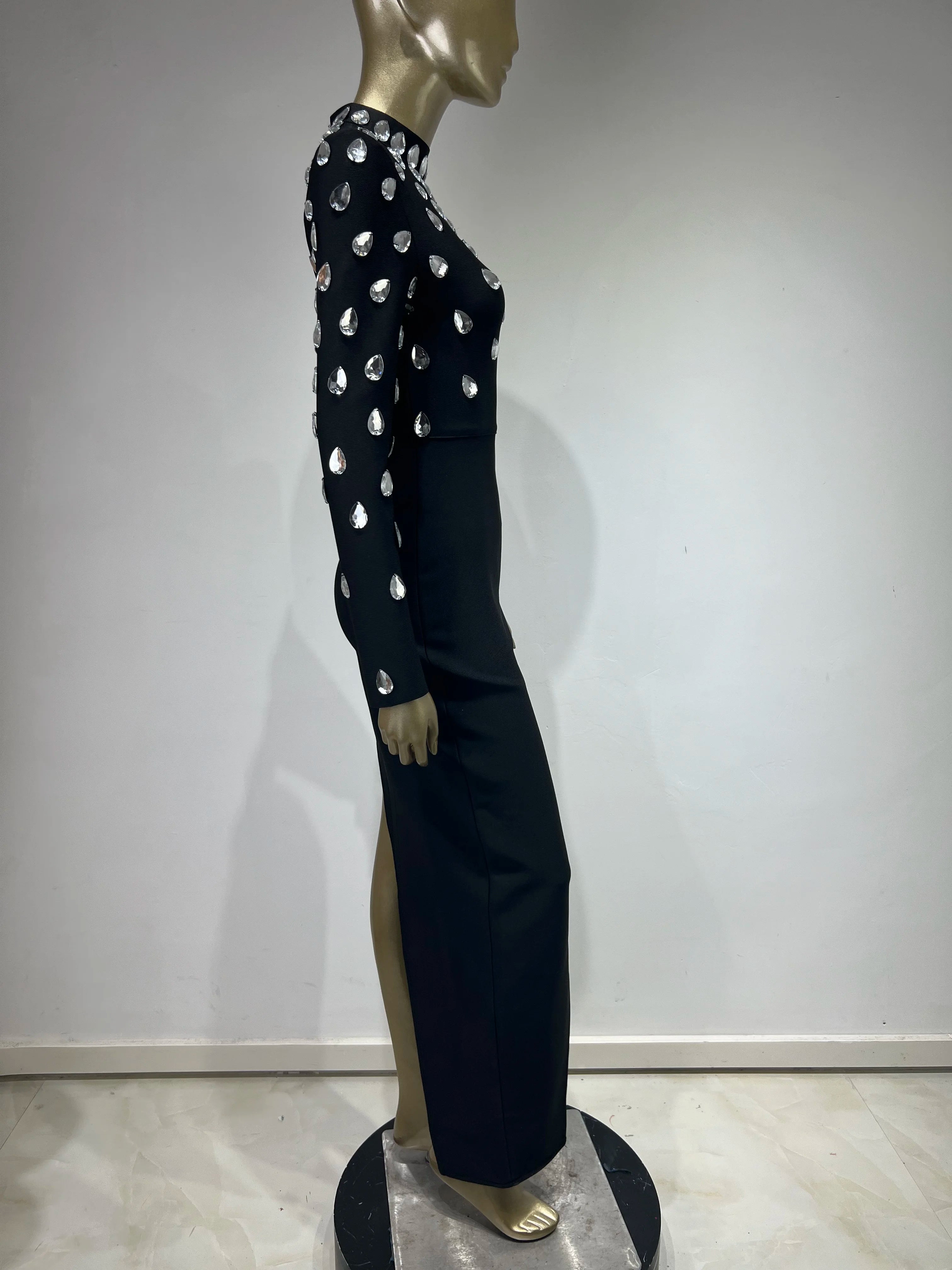 Elegant Rhinestone Black Maxi Bodycon Dress for Women - Image 13