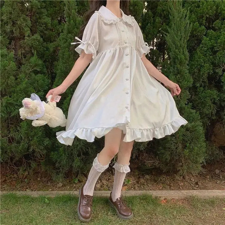 Women's Kawaii White Puff Sleeve Midi Dress - Image 19