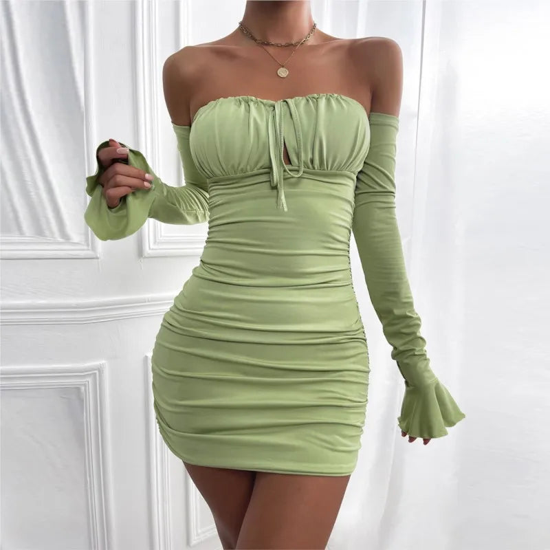 Off-Shoulder Lace-Up Mini Dress with Bell Sleeves for Women - Image 4
