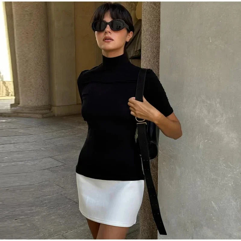 Elegant Contrast Turtleneck Mini Dress for Women - Image 17