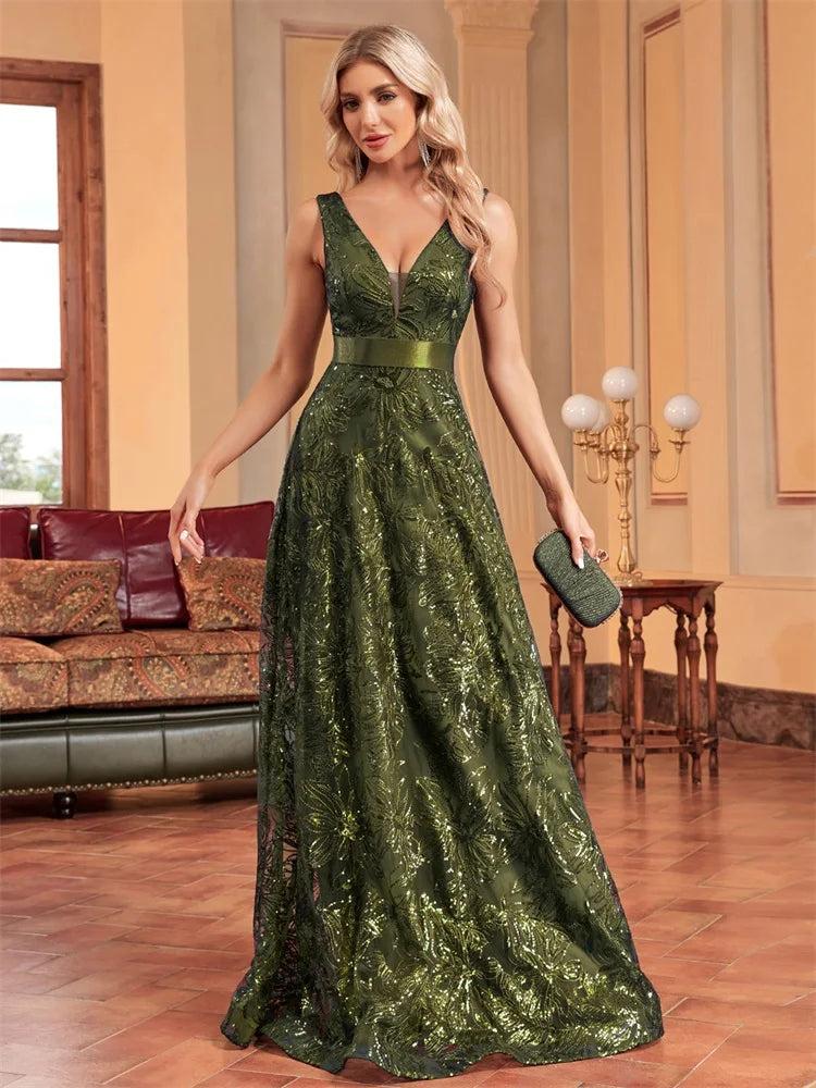 Elegant Deep V-Neck Sequined Blue Evening Dress for Events - Image 24