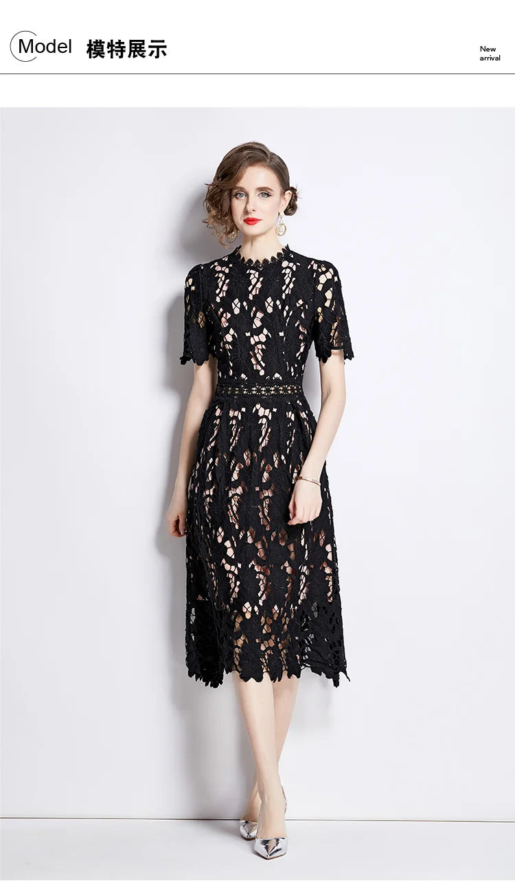 Elegant Embroidered Lace Hollow Out Short Sleeve Dress - Image 19