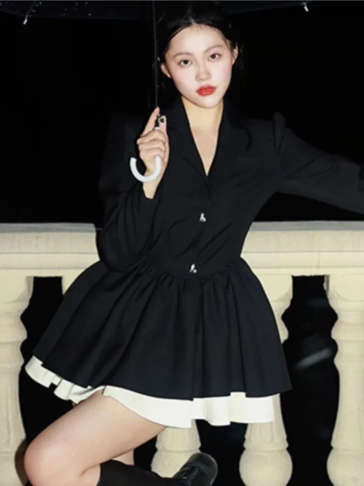 Korean Long Sleeve Black Suit Dress for Women - Image 7