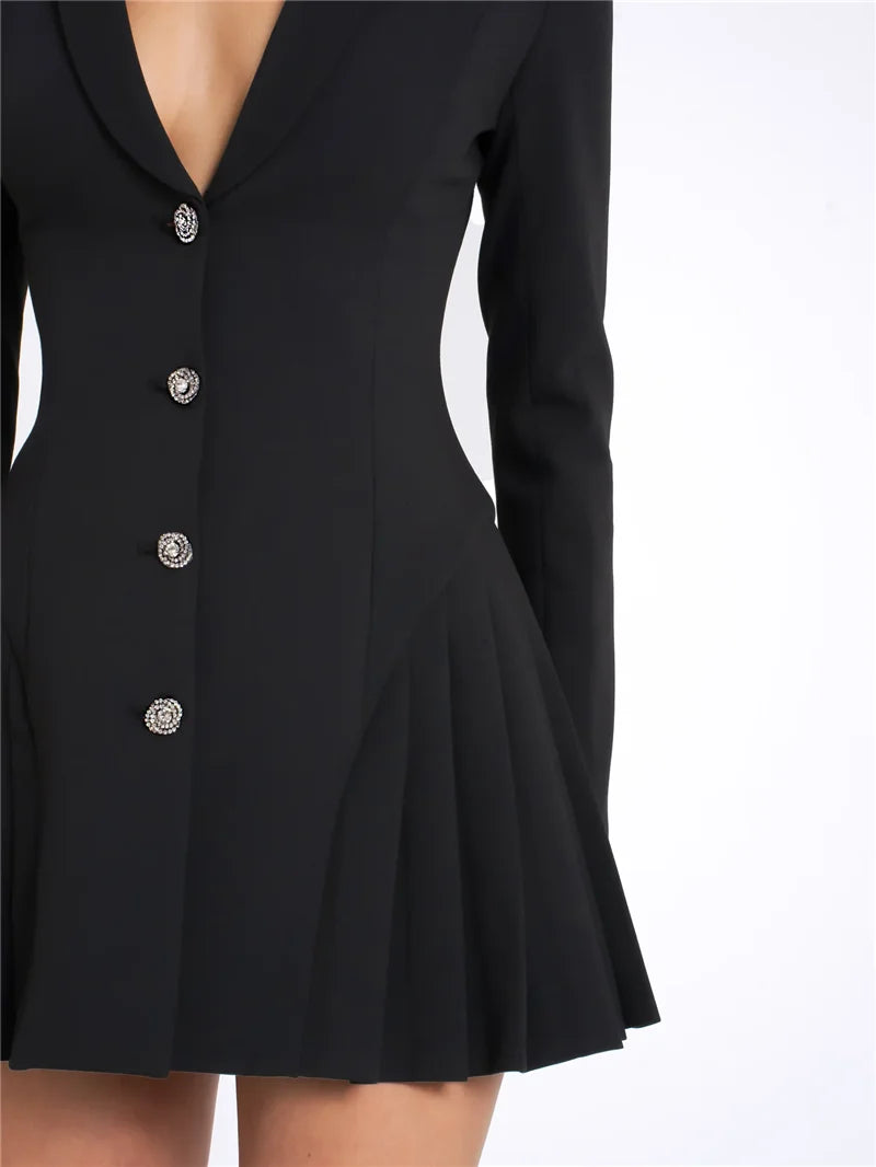 V Neck Pleated Black Blazer Mini Dress for Women - Image 14