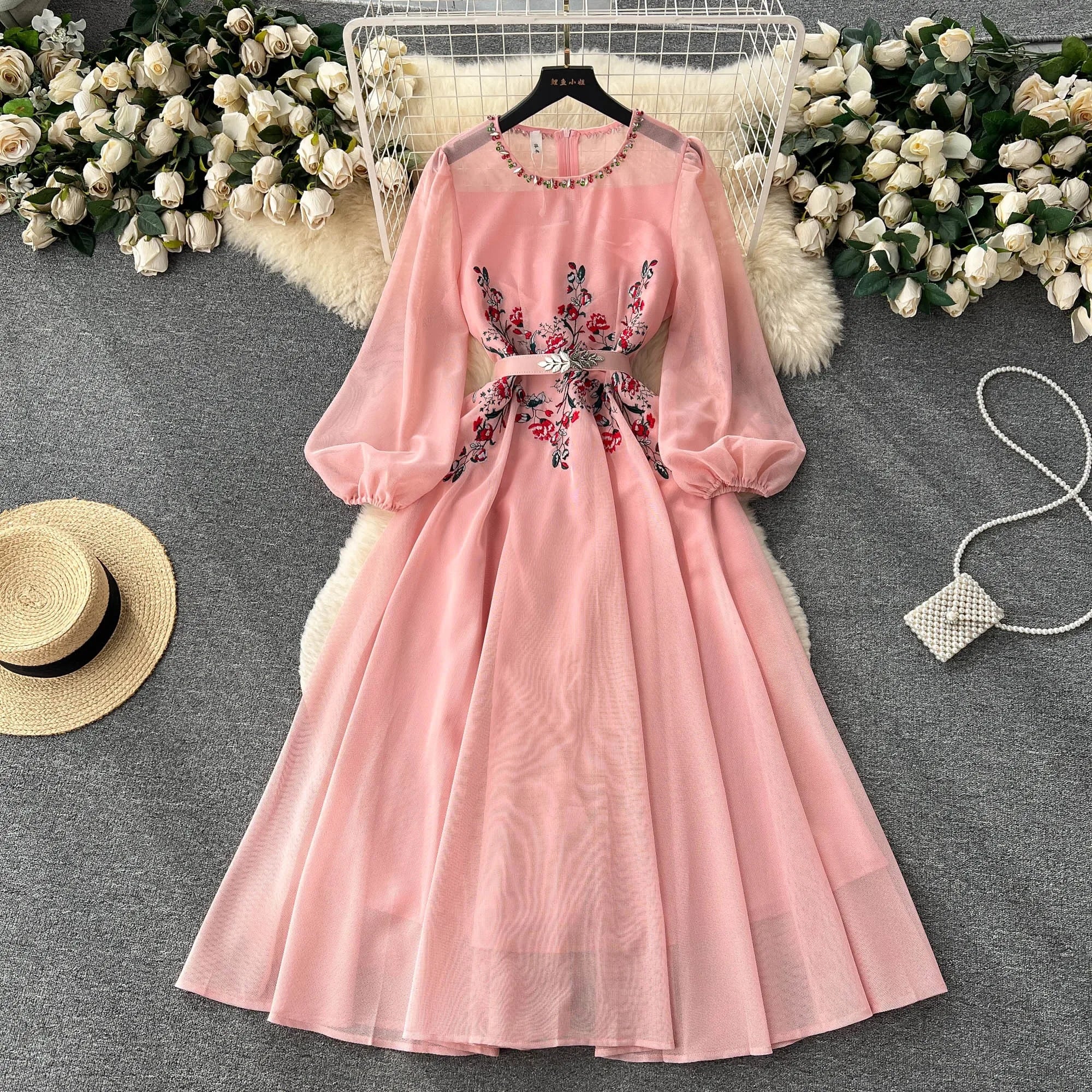 Elegant Beaded Mesh Long Dress with Puff Sleeves - Image 14
