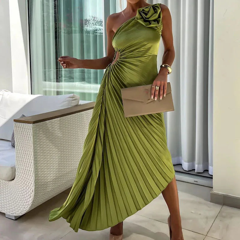 Asymmetrical Sleeveless Floral Pleated Evening Dress for Women