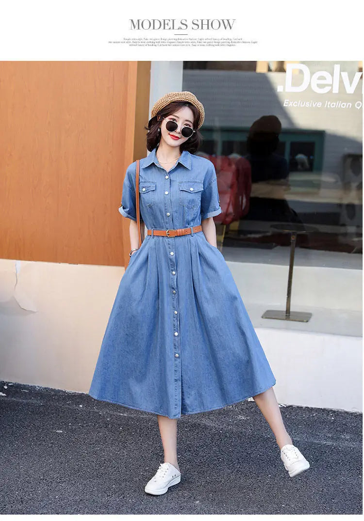 Vintage A-Line Denim Dress for Women with Belt - Image 9