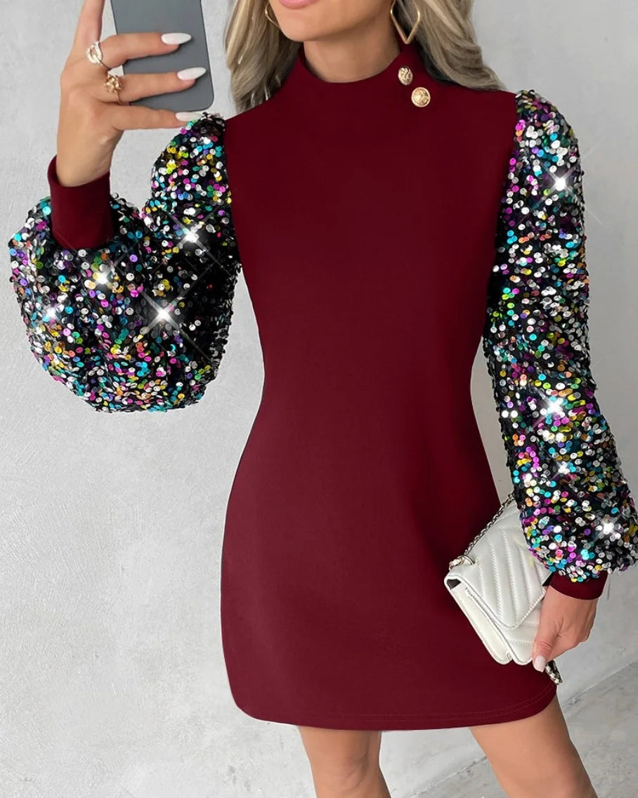 Lace Long Sleeve Round Neck Casual Office Dress - Image 19