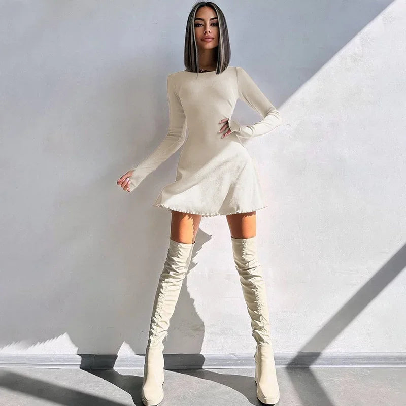 Chic High Waist A-Line Lace-Up Autumn Dress - Image 16