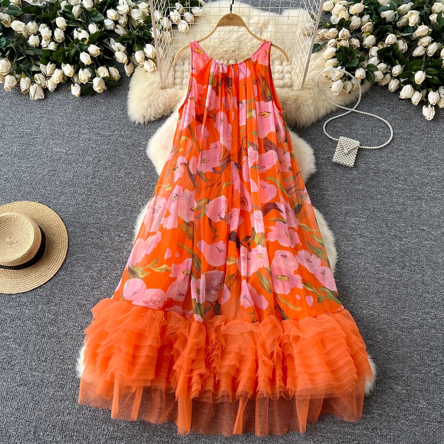 French Vintage Mesh Splice Beach Ball Gown Dress - Image 15