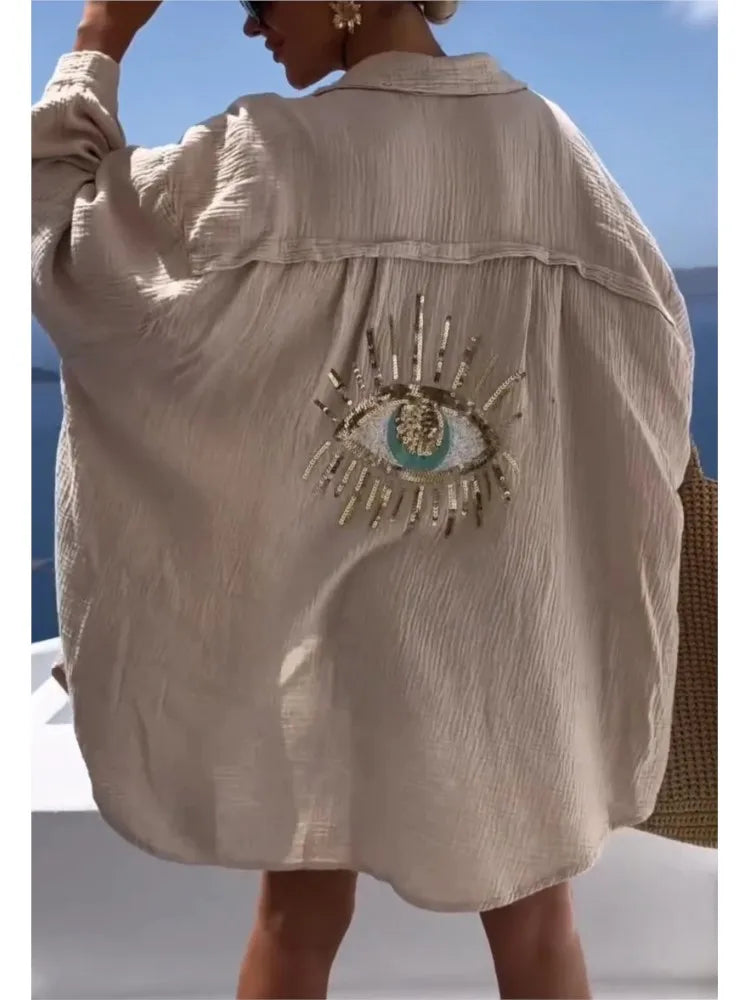 Women's Casual Sequin Button Shirt Dress - Beach Style - Image 3