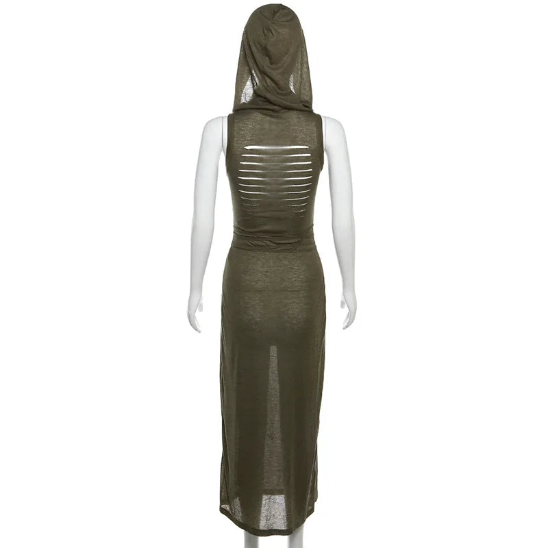 Dark Cyber Gothic Hooded Midi Dress with Split Sides - Image 13