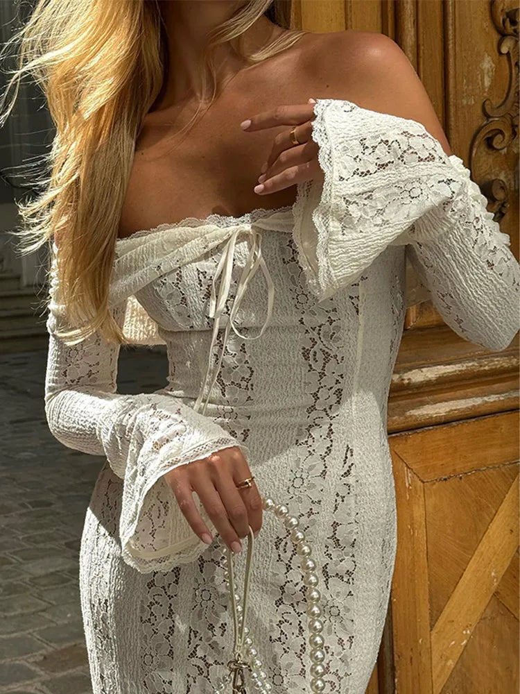 Elegant White Floral Lace Off-Shoulder Maxi Dress for Women - Image 6
