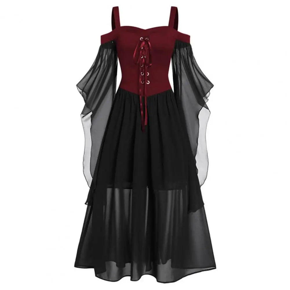 Gothic Medieval Cold Shoulder Lace-Up Cosplay Dress - Image 24