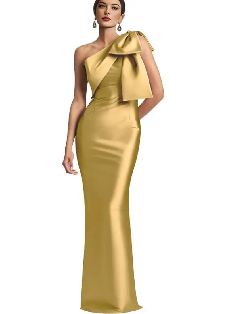Elegant Satin Single Shoulder Evening Dress with Bow - Image 17