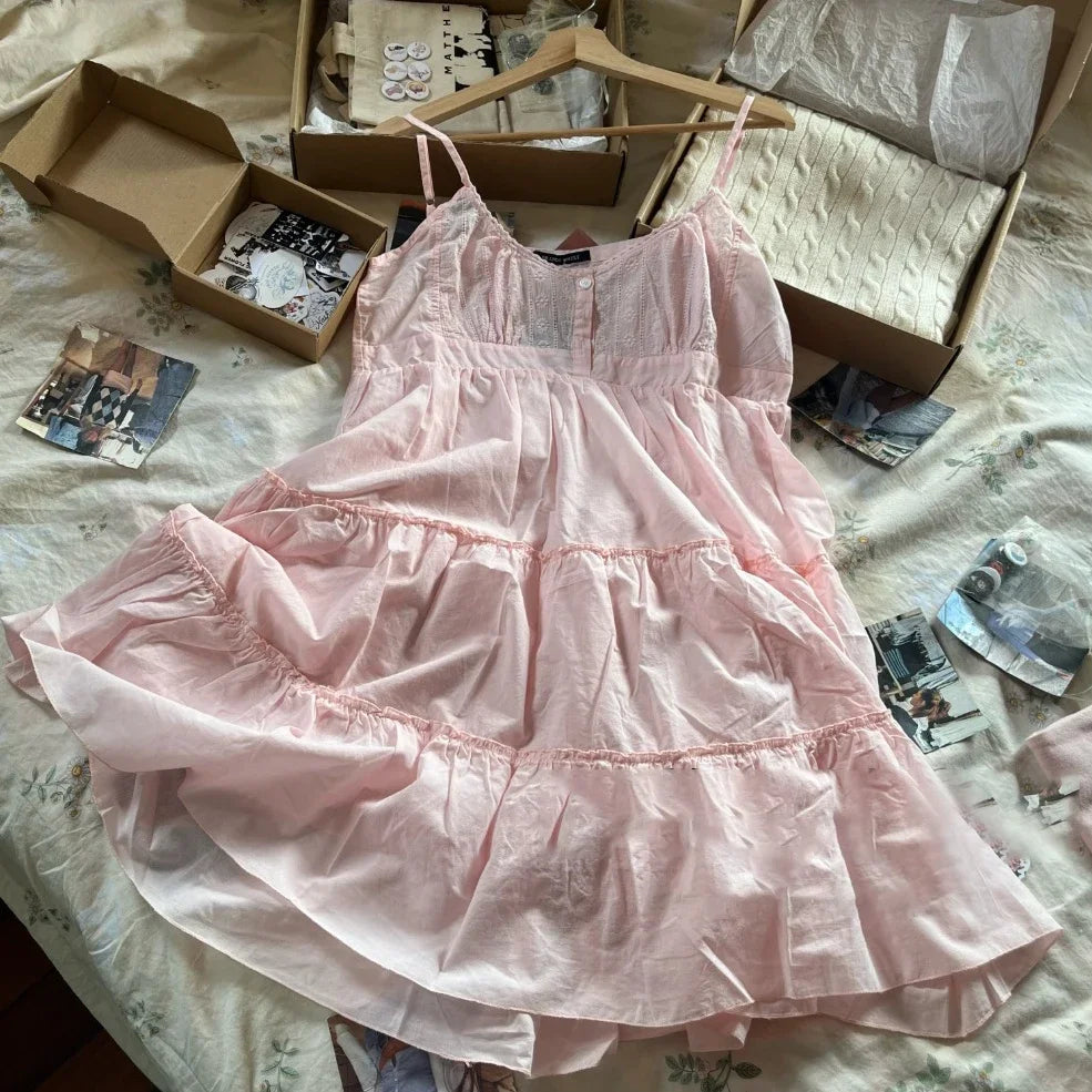 Floral Embroidery Pink Sleeveless Dress with Ruffles - Image 8