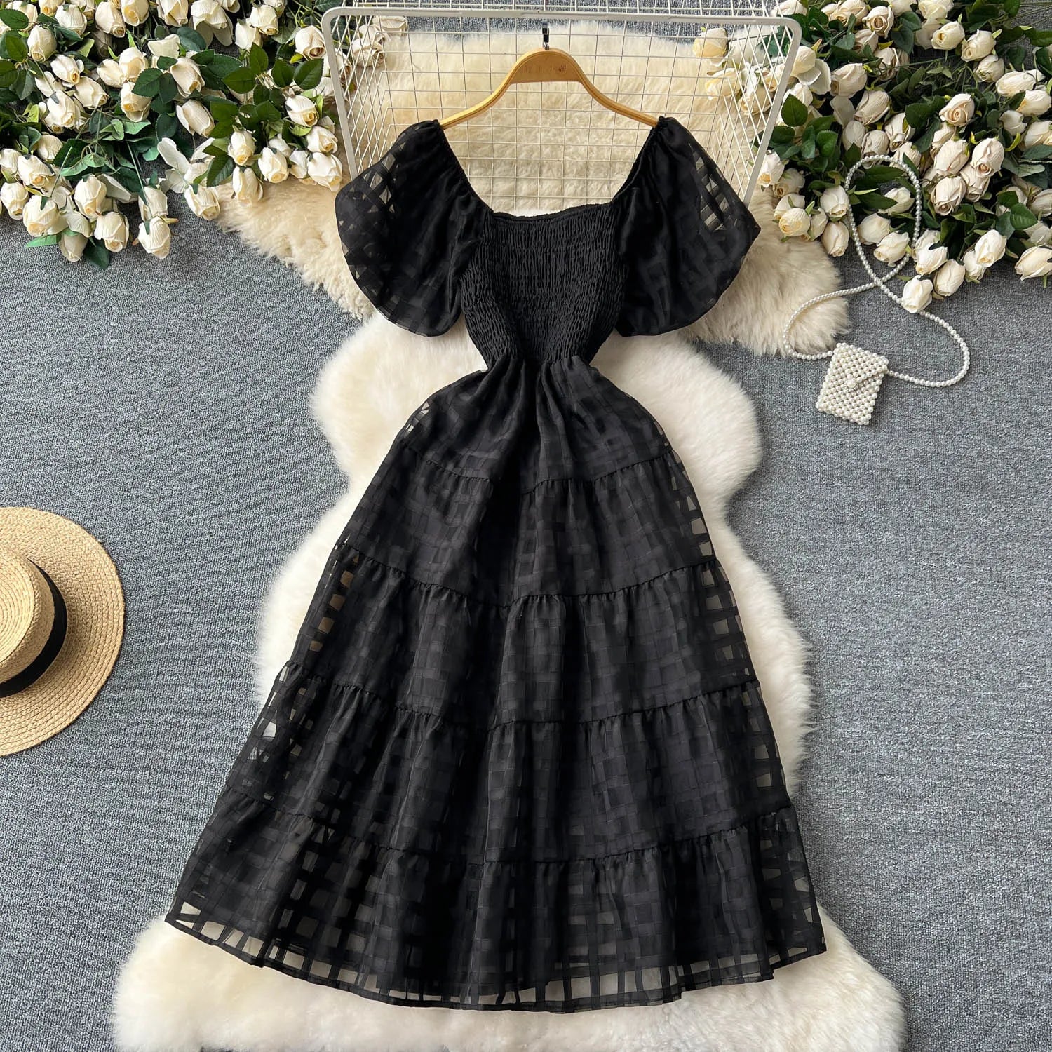 French Vintage Square Collar Puff Sleeve Summer Dress - Image 10
