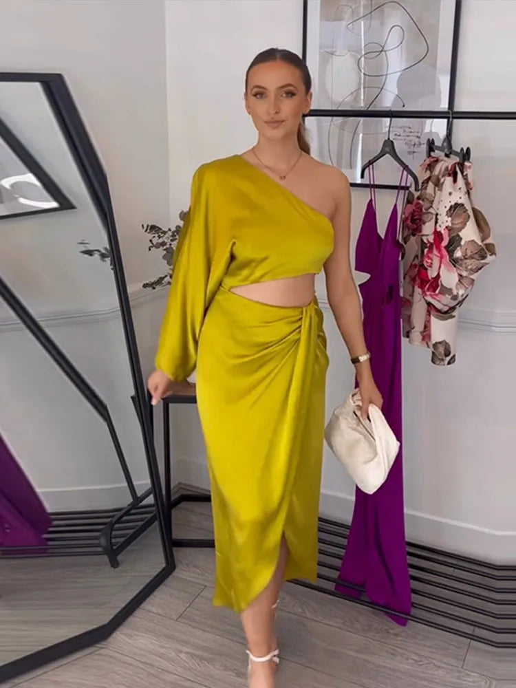 One Shoulder Asymmetrical Satin Long Dress for Women - Image 7