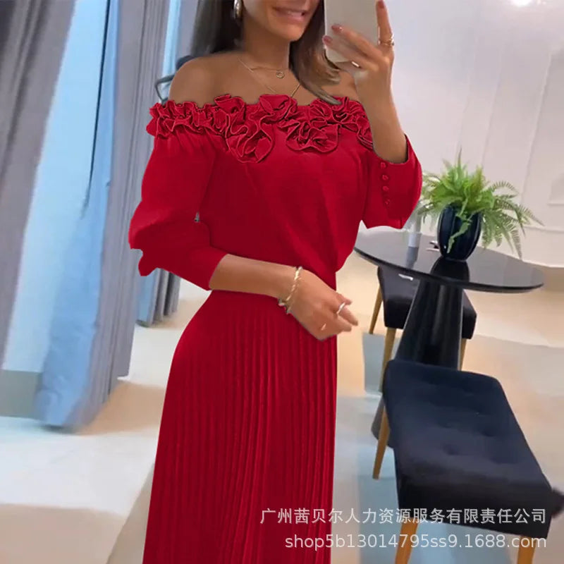Elegant A-Line Mid-Length Pleated Dress with Lace Detail - Image 12