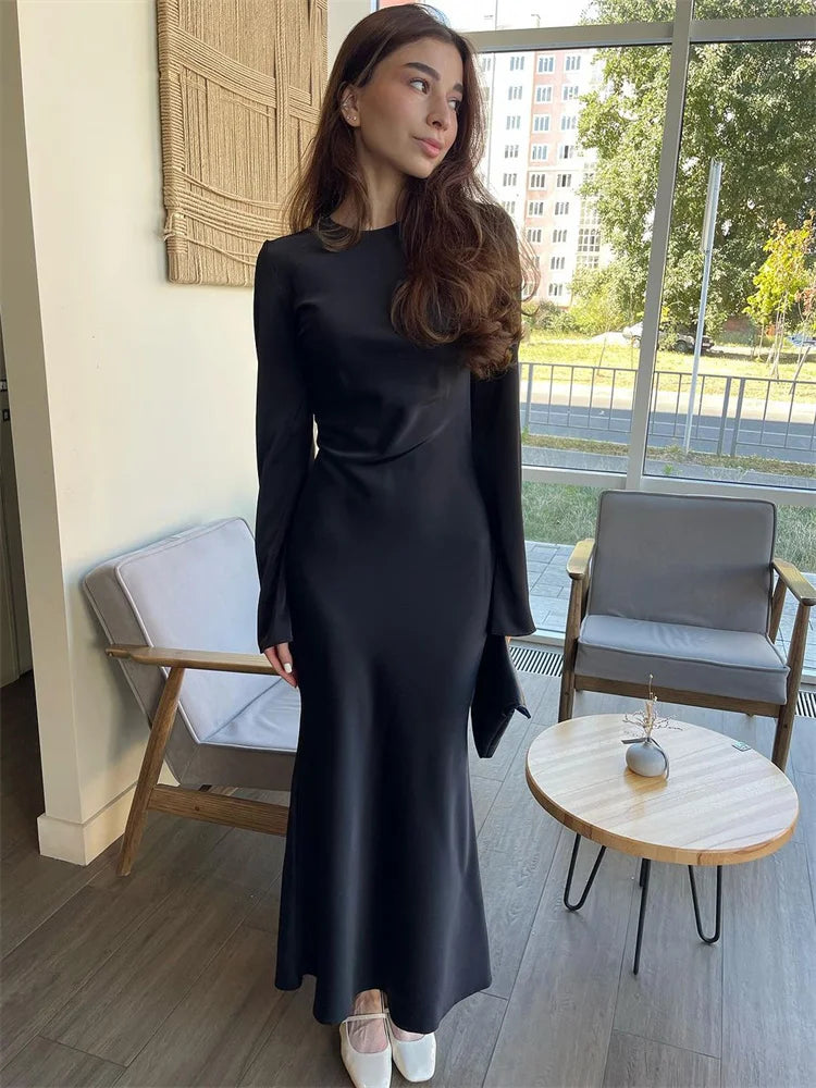 Elegant Long Sleeve Satin Maxi Dress for Women - Image 33