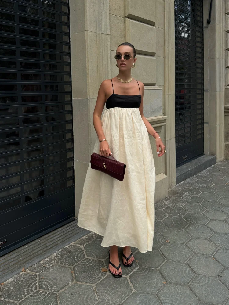 Contrasting Color Hollow Out Backless Maxi Dress for Women - Image 6